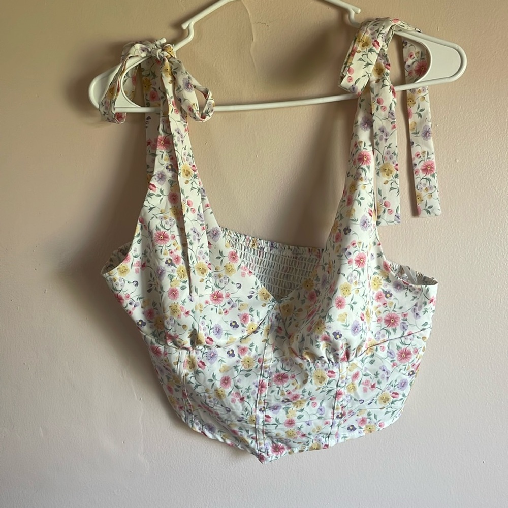 Floral tie strap corset crop top